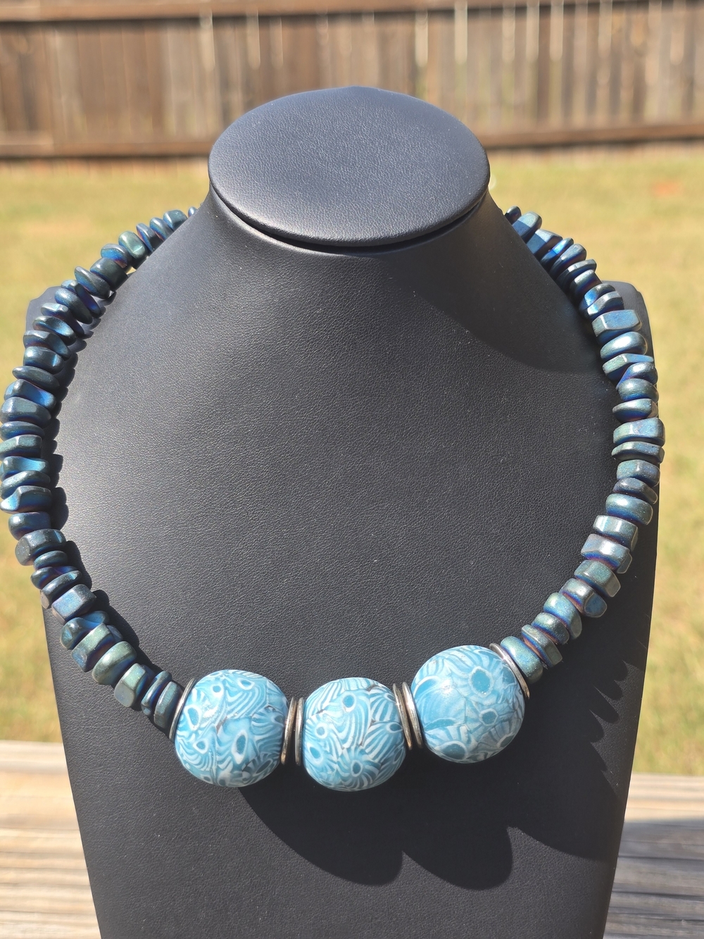 Artisan Estate Labradorite Discs Millefiori Clay Magnetic Silver Choker Necklace